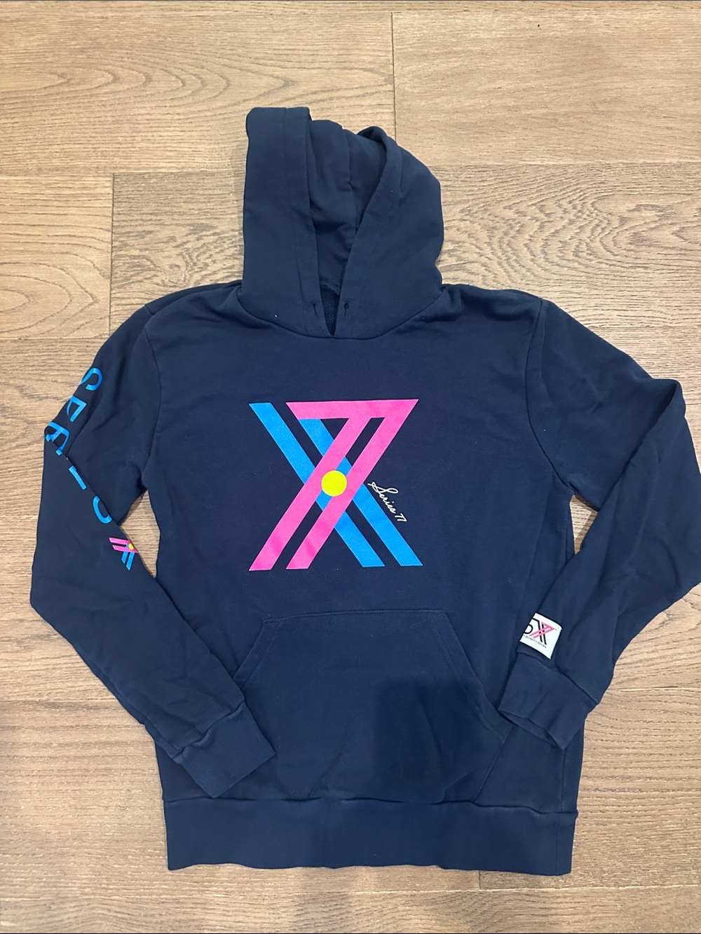 Navy Graphic Hoodie with Pink & Blue Accent